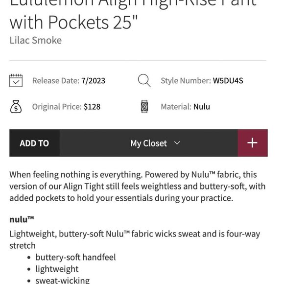 Lululemon Align High Rise Pant Pockets 25" Lilac Smoke Size 10 - Picture 12 of 12